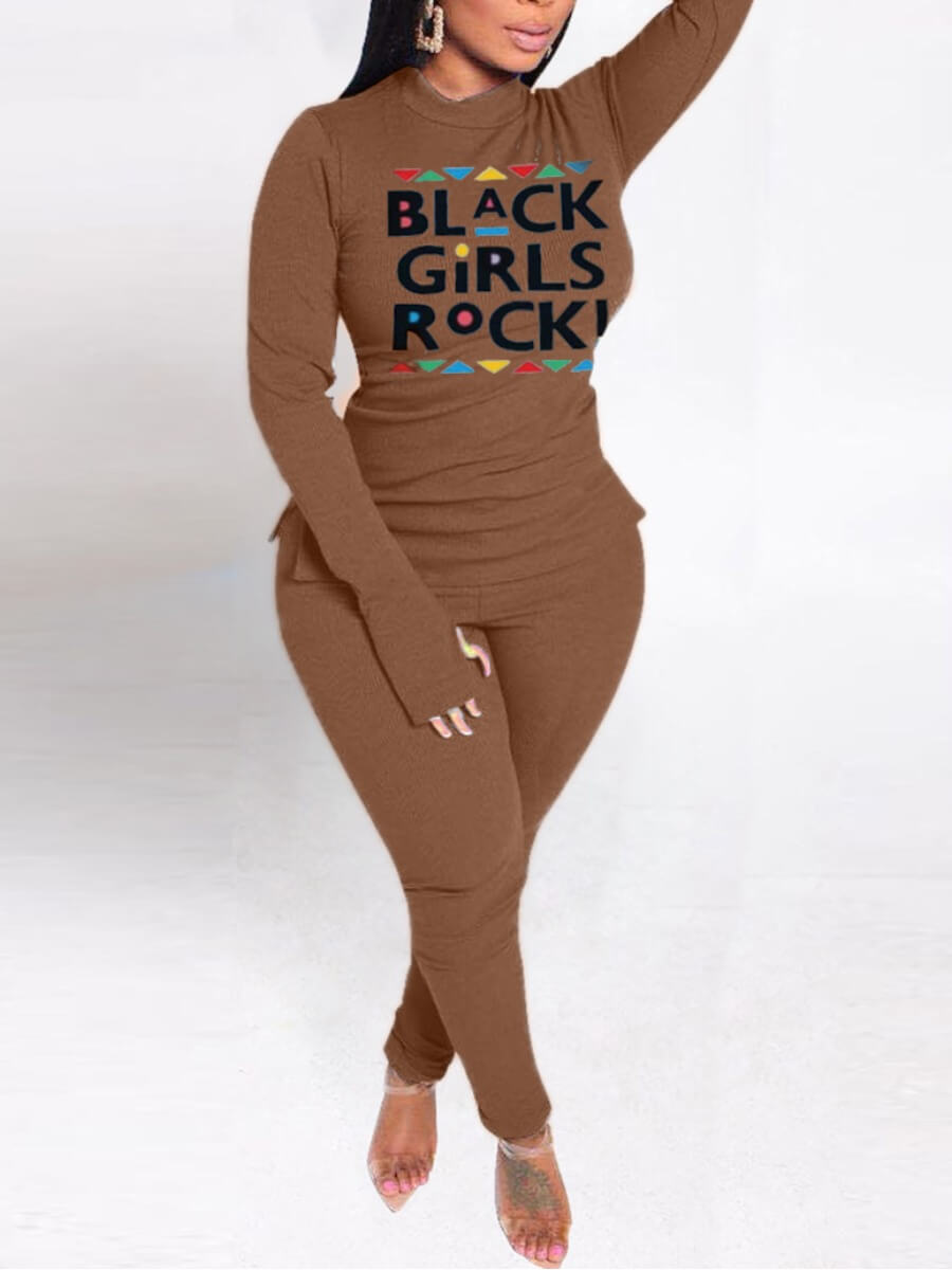 

Lovely Casual Turtleneck Letter Print Coffee Plus Size Two-piece Pants Set