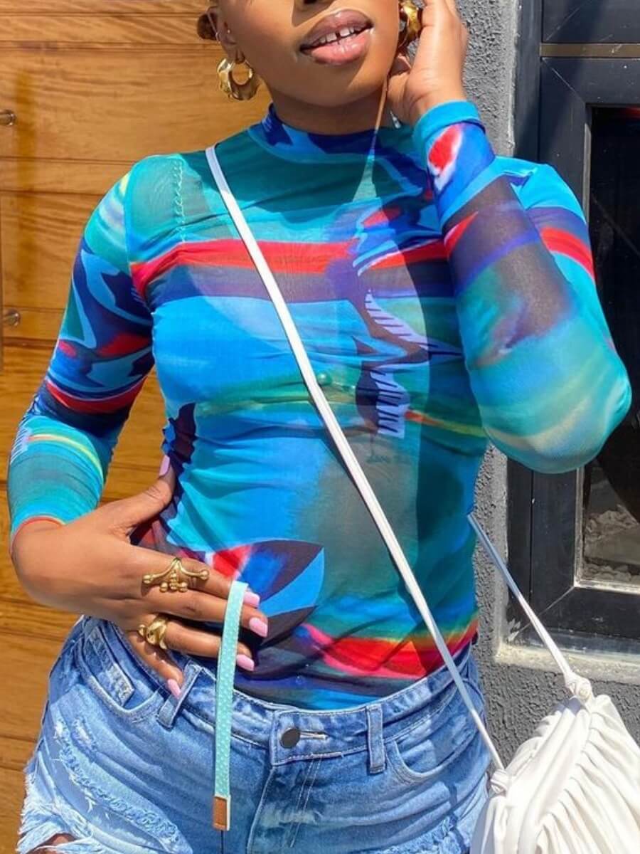 

LW Street See-through Print Patchwork Blue T-shirt