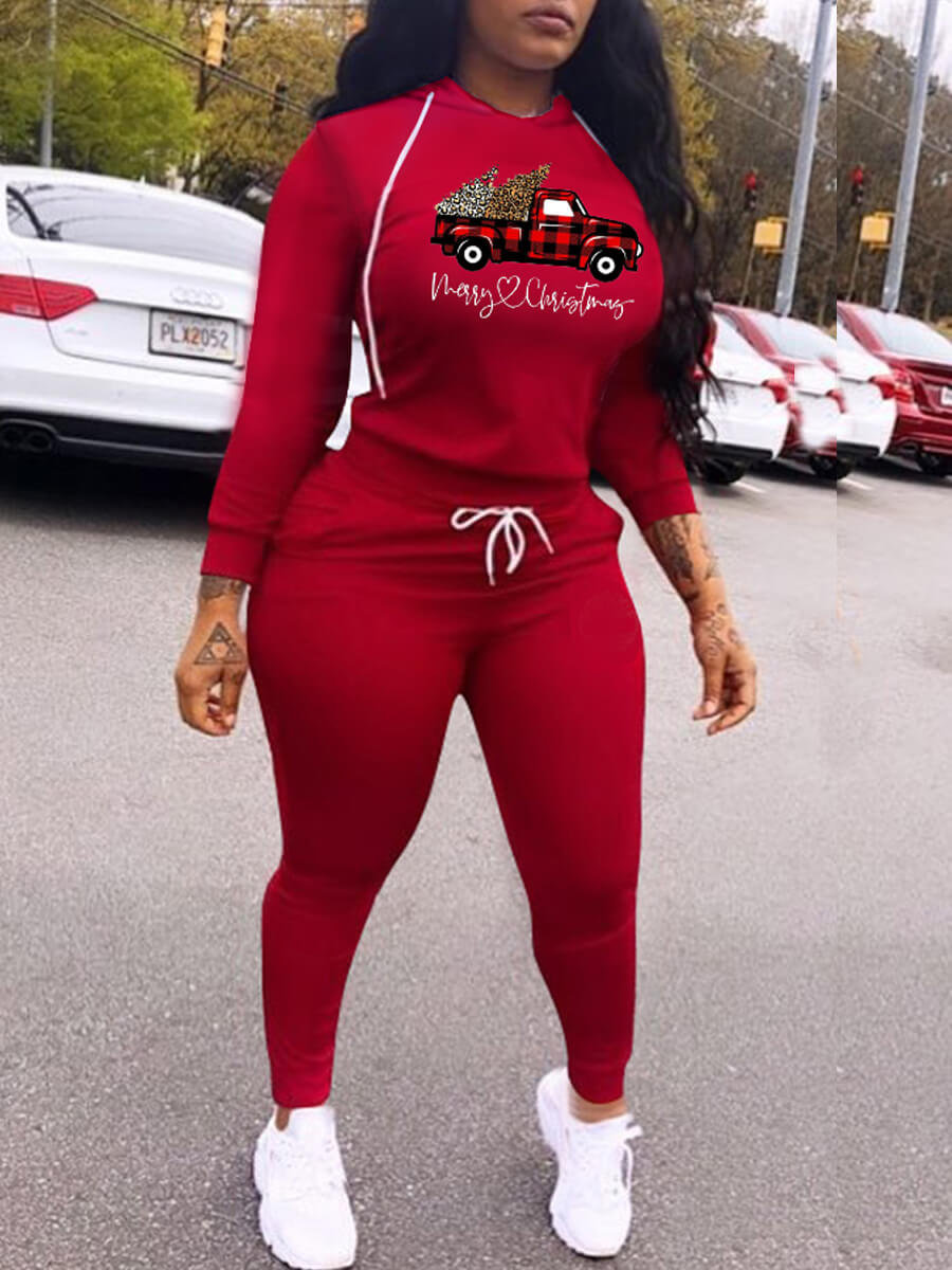 

Lovely Trendy Christmas Day Car Print Red Two Piece Pants Set