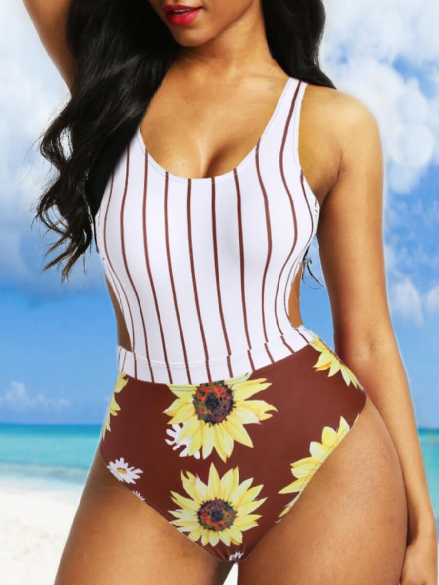 

Lovely Chic Striped Sunflower Print Brown One-piece Swimsuit
