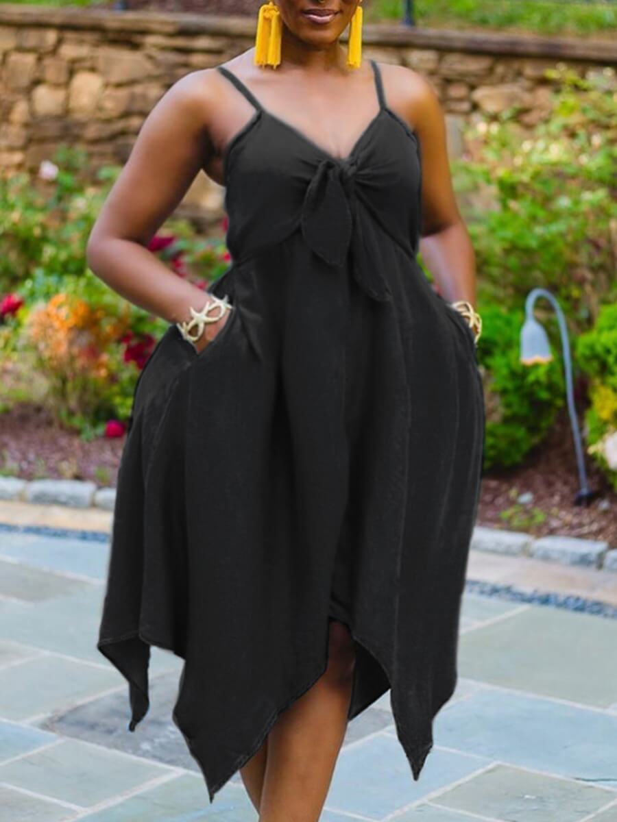 

Lovely Party Bandage Design Asymmetrical Black Mid Calf Plus Size Dress