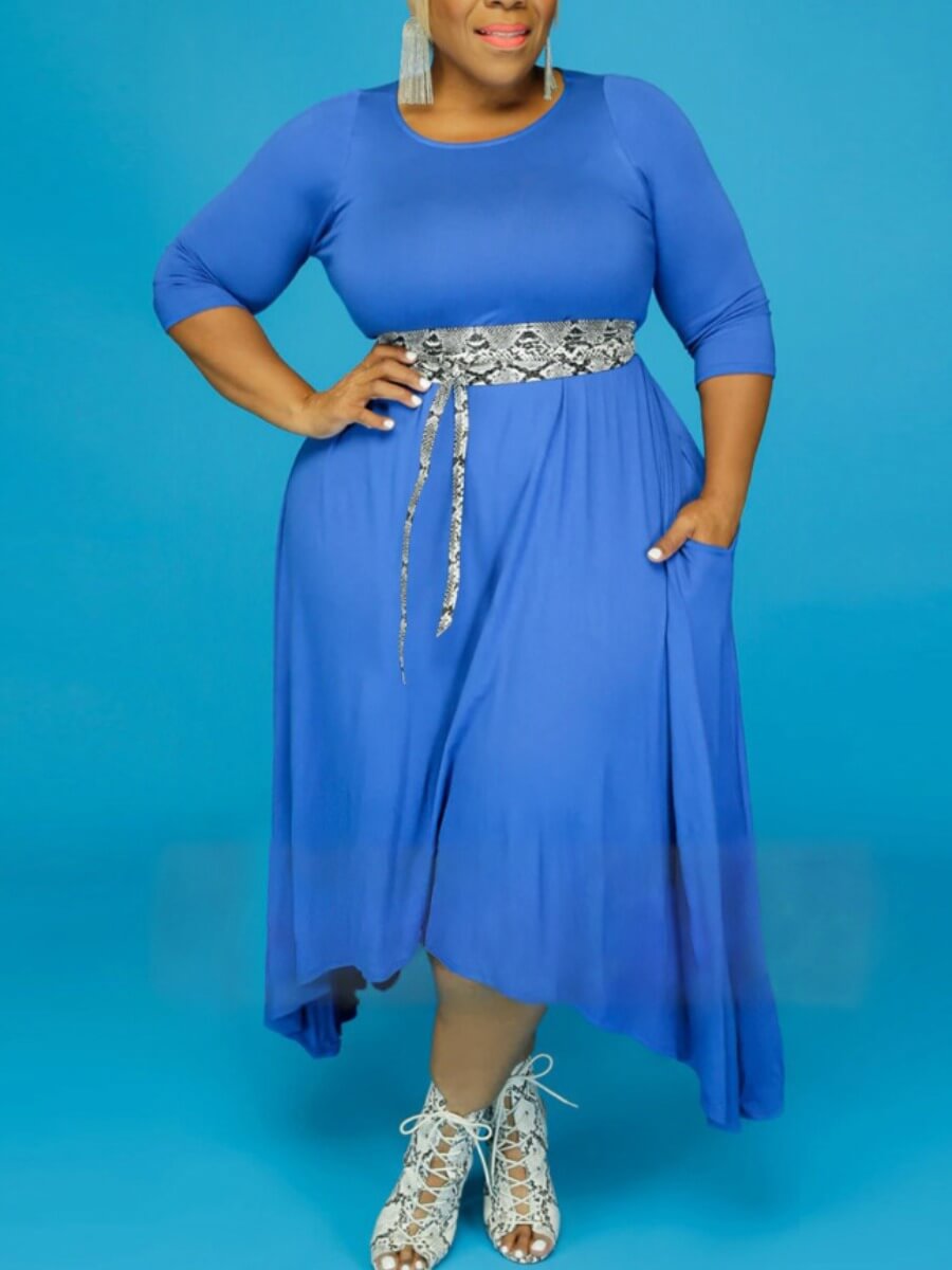 

Lovely Casual Pocket Design Loose Blue Ankle Length A Line Plus Size Dress(Without Belt