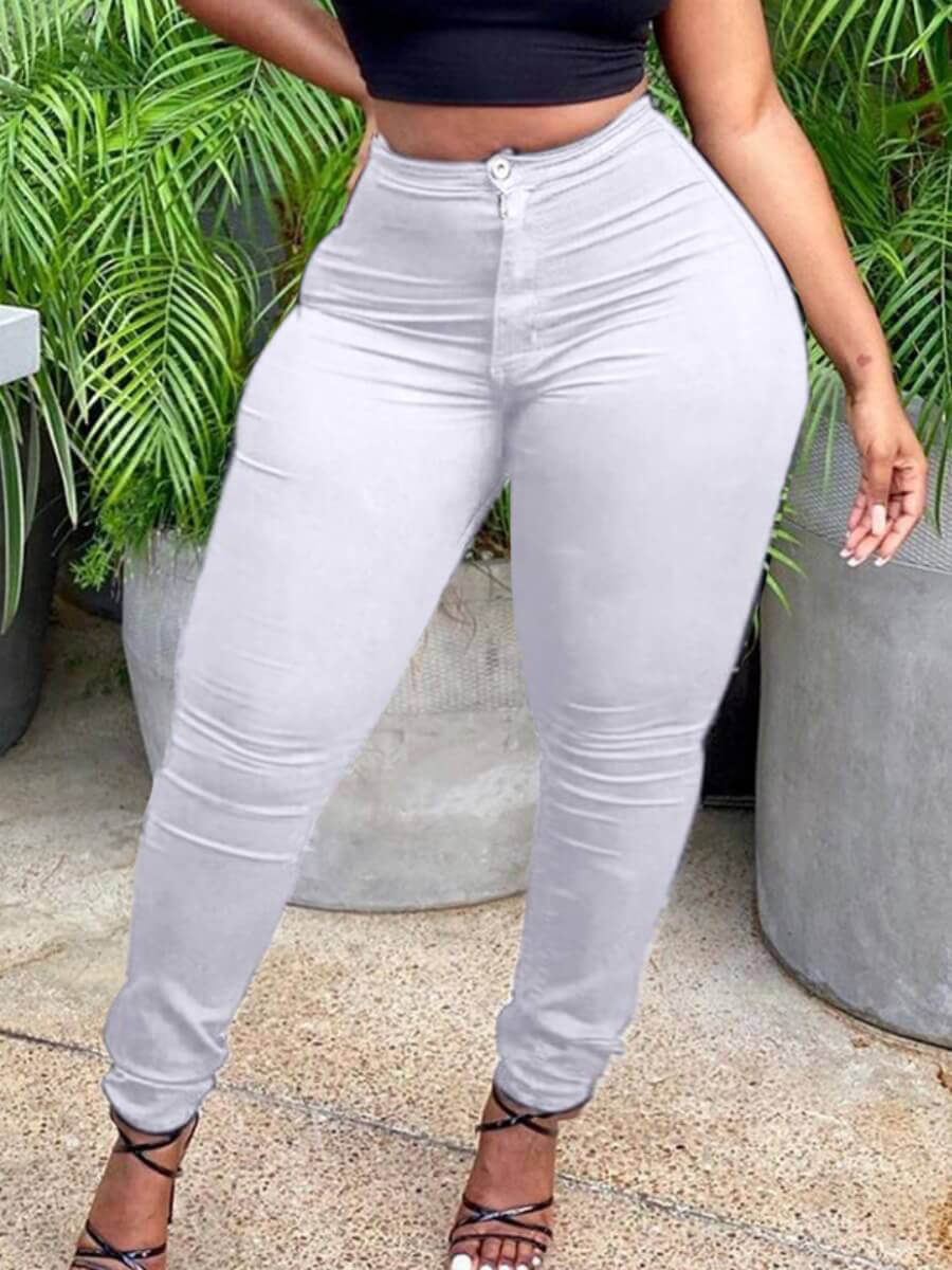 

Lovely Plus Size Casual Mid Waist Zipper Design White Pants