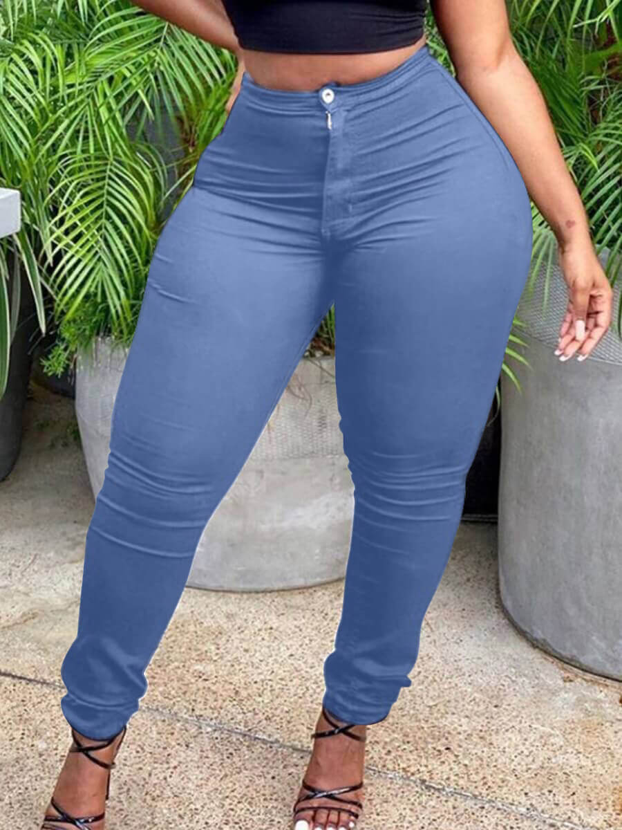 

Lovely Plus Size Casual Mid Waist Zipper Design Baby Blue Pants