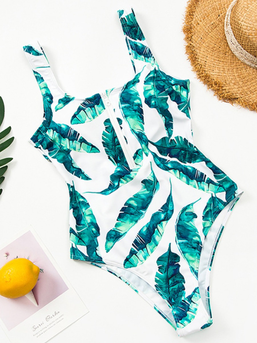 

Lovely Casual Leaf Print Patchwork Green One-piece Swimsuit