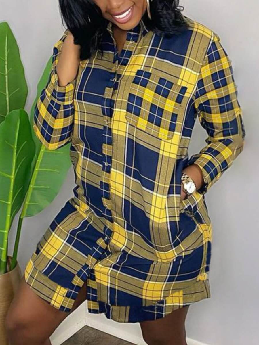 

Lovely Casual Plaid Print Yellow Mini Shirt Dress