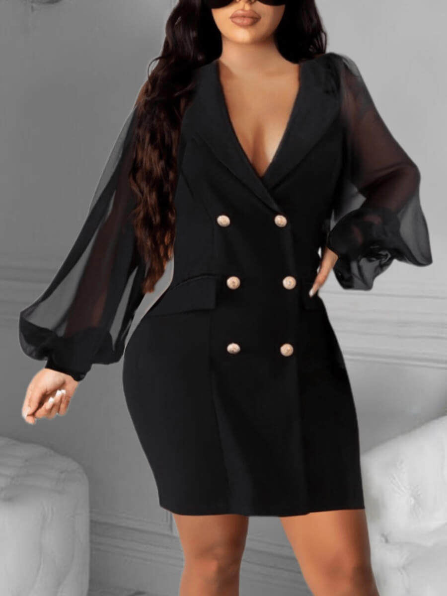 

Lovely Work V Neck Patchwork See-through Double Breasted Black Mini Dress