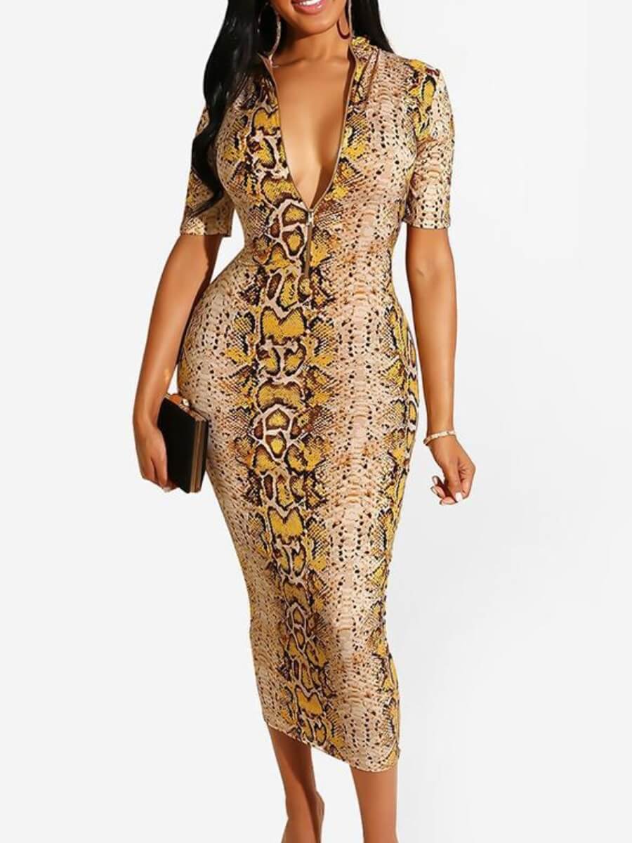 

Lovely Street Cobra Print Zipper Design Mid Calf Dress