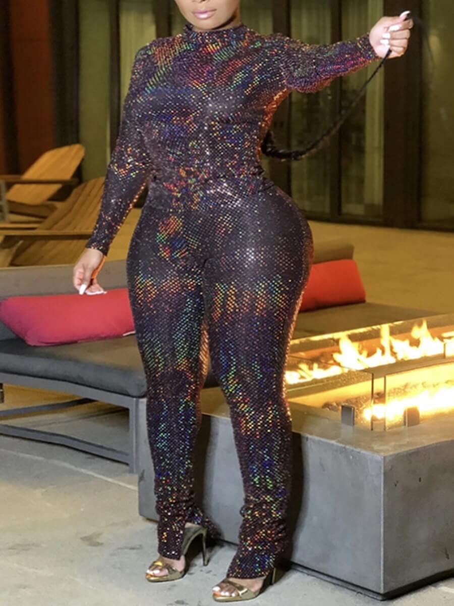 

Lovely Sexy Half A Turtleneck Sequined Gradient Multicolor Plus Size Two-piece Pants Set, Multi