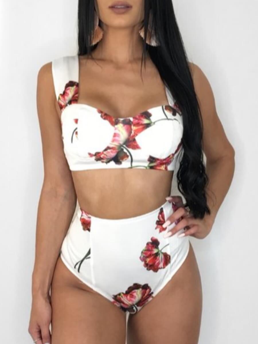 

Lovely Sweet High-waisted Print White Tankini