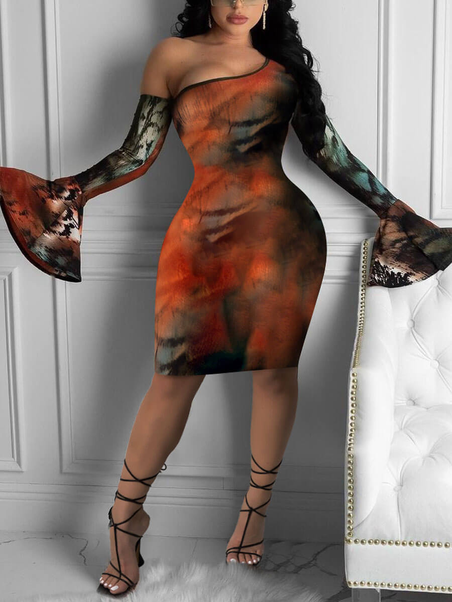 

Lovely Sweet Flared One Shoulder Tie-dye Brick Red Knee Length Dress