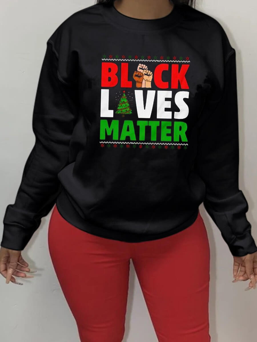 

Lovely Street O Neck Letter Print Black Hoodie