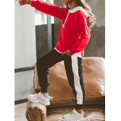 Lovely Sportswear Hooded Collar Patchwork Red Girl