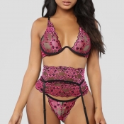 Lovely Sexy Lace See-through Rose Red Bra Sets