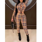 Lovely Sexy Plaid Print Hollow-out Light Camel Two