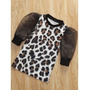 Lovely Trendy O Neck Leopard Print Black Girl Knee