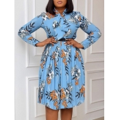 Lovely Trendy Plants Print Skyblue Knee Length Dre