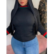 Lovely Casual Half A Turtleneck Patchwork Black T-