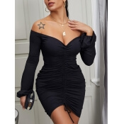 Lovely Trendy Dew Shoulder Black Mid Calf Dress