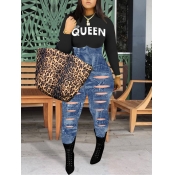 LW Stylish Letter Print Patchwork Ripped Black One