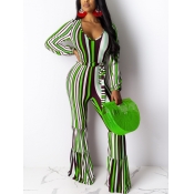 Lovely Casual V Neck Striped Patchwork Green One-p
