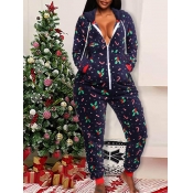 Lovely Casual Hooded Collar Christmas Day Print Bl