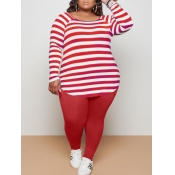 Lovely Casual O Neck Striped Red Plus Size Two-pie
