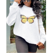 Lovely Leisure O Neck Butterfly Print White Hoodie