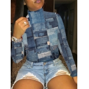 Lovely Street Turtleneck Print Patchwork Blue Plus