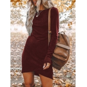 Lovely O Neck Skinny Wine Red Mini Dress