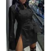 LW Stylish Turndown Collar Side High Slit Black Mi
