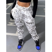 Lovely Street Letter Print Drawstring White Pants