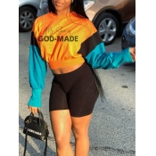 Lovely Street O Neck Striped Patchwork Orange Hood