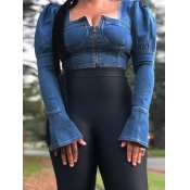 Lovely Casual Ruffle Design Flare Sleeve Blue Deni