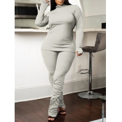 Lovely Casual Turtleneck Fold Design Grey Two Piec