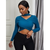 Lovely Chic Hollow-out Cross-over Design Blue Swea