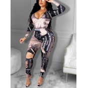 Lovely Street V Neck Print Black Plus Size Two-pie