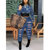Lovely Street Hollow-out Patchwork Blue Two Piece 