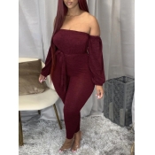 Lovely Trendy Dew Shoulder Wine Red Plus Size One-