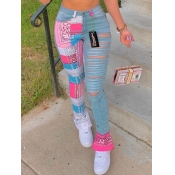 LW Mixed Print Ripped Jeans