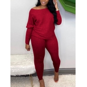 Lovely Casual Boat Neck Long Sleeve Red Two Piece 