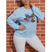 Lovely Sweet O Neck Butterfly Print Blue Hoodie