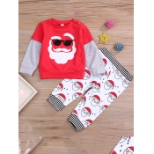 Lovely Trendy O Neck Print Patchwork Red Boy Two-p