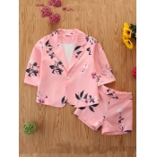 Lovely Girl Stylish Turndown Collar Plants Print P