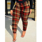 Lovely Stylish High-waisted Grid Print Red Pants