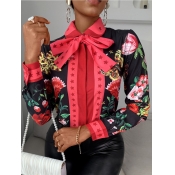 Lovely Street Turndown Collar Print Black Blouse