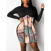 LW Street O Neck Print Patchwork Black Knee Length