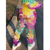 Lovely Street Broken Holes Tie-dye Yellow Jeans