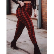 Lovely Casual Plaid Print Patchwork Red Pants