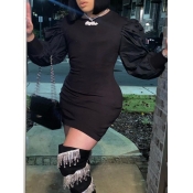 Lovely Casual Hubble-bubble Sleeve Print Black Min